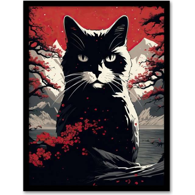 Wall Art Print Ukiyo Japan Black Cat Red Black White Modern Artwork Painting Art Framed - A4