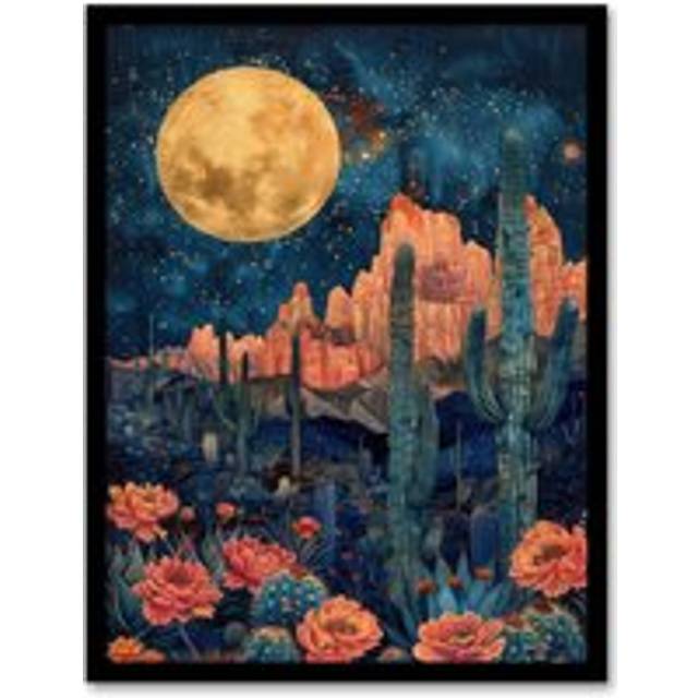 Wall Art Print Flower Cactus by Moon Grand Canyon Starry Night Art Framed Poster - Black - A4