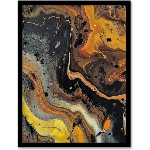 Liquid Paint Gold Orange Grey Abstract Painting Framed Art Print - Yellow - A4