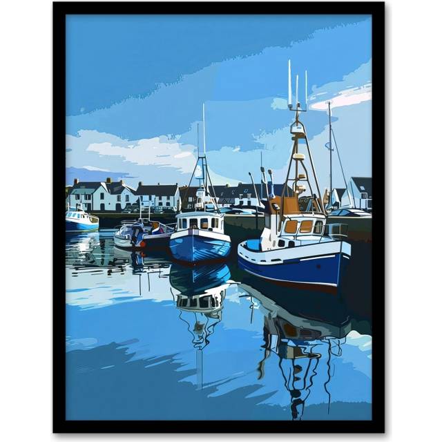 Fishing Boats Padstow Harbour Digital Painting Framed Art Print - Blue - A4