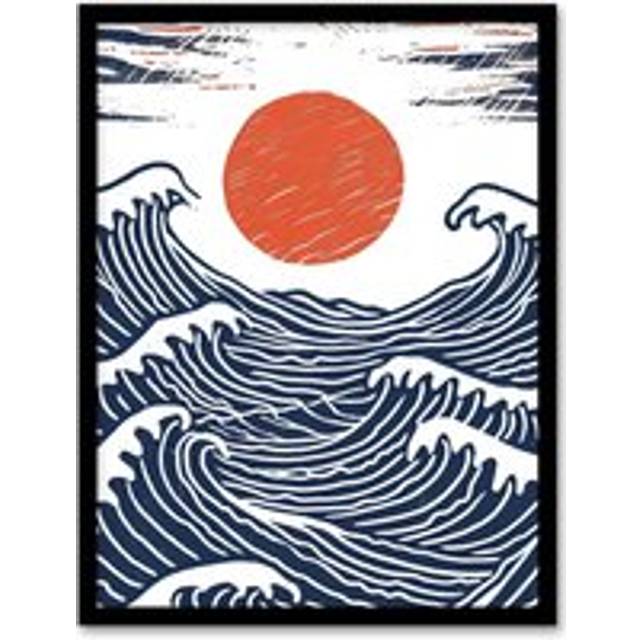 Wall Art Print Sun with Sea Waves Orange Blue Seascape Painting Art Framed Poster - Black - A4