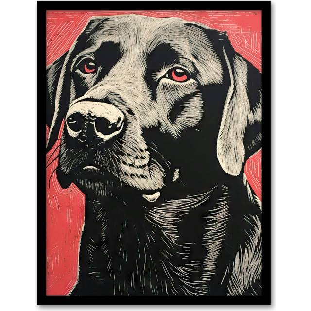 Wall Art Print Black Lab Labrador Dog Portrait On Coral Backdrop Lino Risograph Riso Art Framed - W12 inch x H16 inch