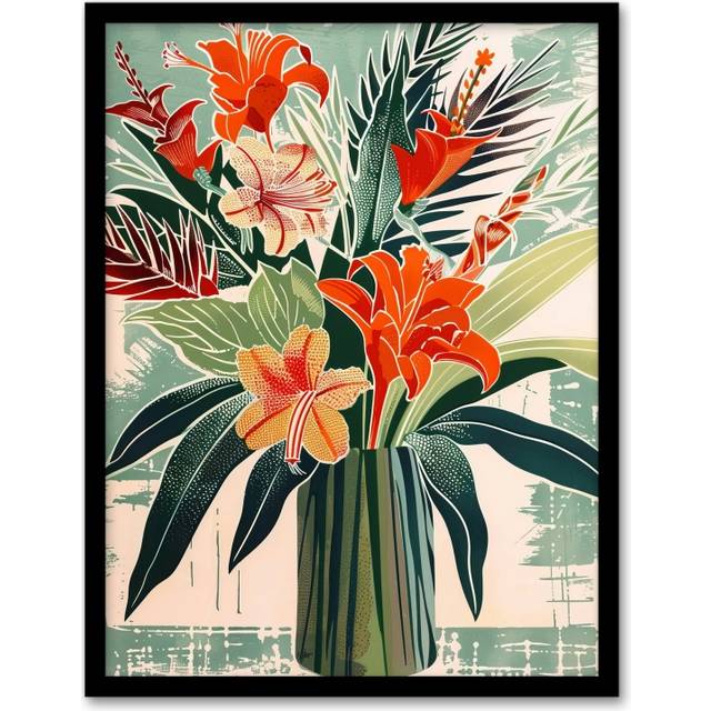 Exotic Red Orange Lily Flower Vase Floral Spring Framed Art Print - Multi - A4
