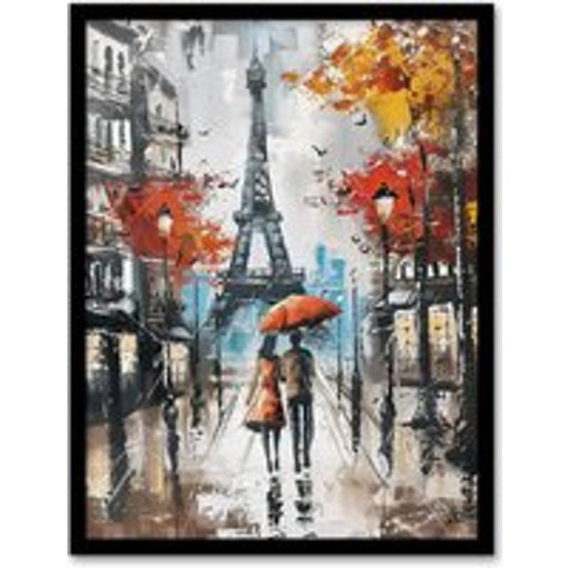 Umbrella Lovers Abstract Autumn Paris Cityscape Framed Art Print - Grey - A4