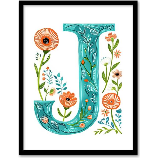 Womens Wall Art Print Letter J in Watercolour Wildflowers Poppy Abstract Floral Word Art Framed Poster - Multi - A4