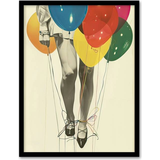 Party Over Woman Colourful Balloons Collage Framed Wall Art - Multi - A4