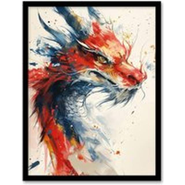 Wall Art Print Chinese Dragon Red Blue Fantasy Concept Art Framed Poster - Black - A4