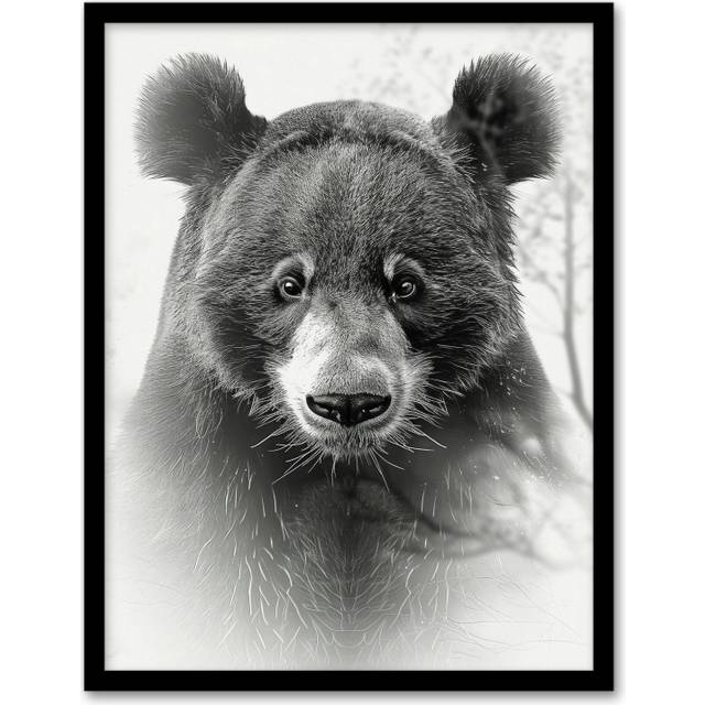 Wall Art Print Bear Portrait Pencil Drawing Animal Lover Realistic Art Framed Poster - Black - A4