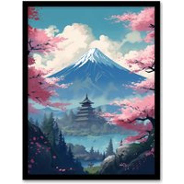 Wall Art Print Japan Temple on Mount Fuji Lake Painting Green Blue Pink Cherry Blossom Trees Blooming in Tranquil Forest Landscape Art Framed - A4