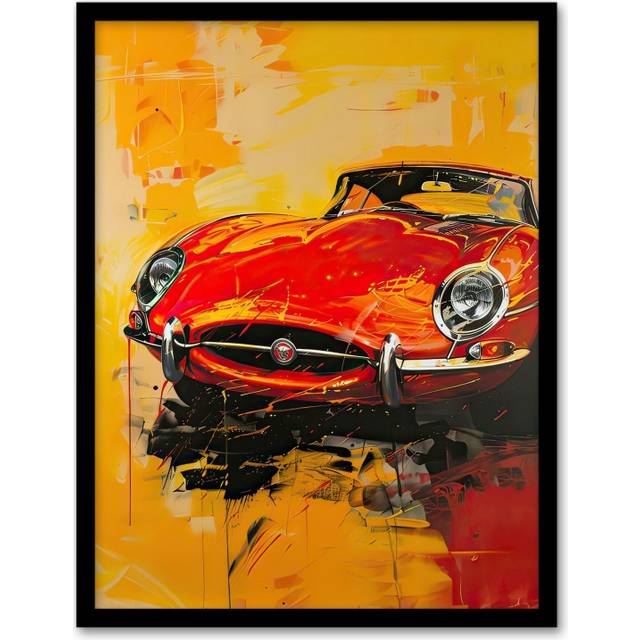 Classic Red Sports Car Lover Vibrant Oil Painting Framed Art Print - A4