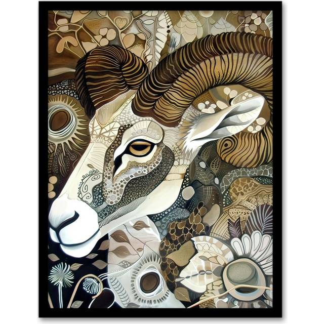 Bighorn Sheep Abstract Floral Patter Folk Art Framed Art Print - Brown - A4