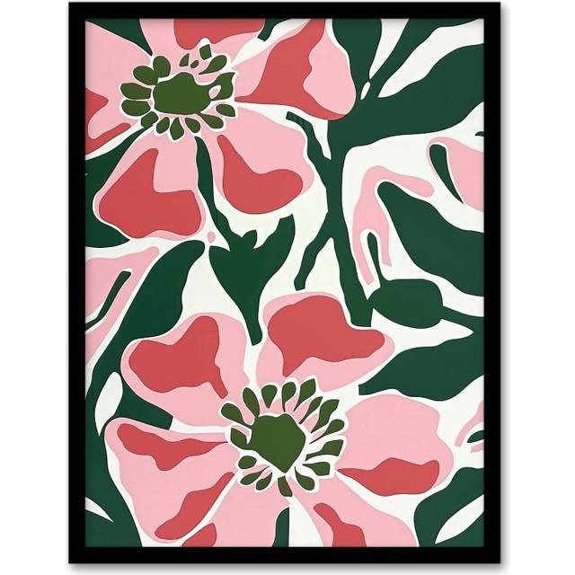 Wall Art Print Flower Blooms Pink Green Bright Abstract Painting Art Framed Poster - Black - A4