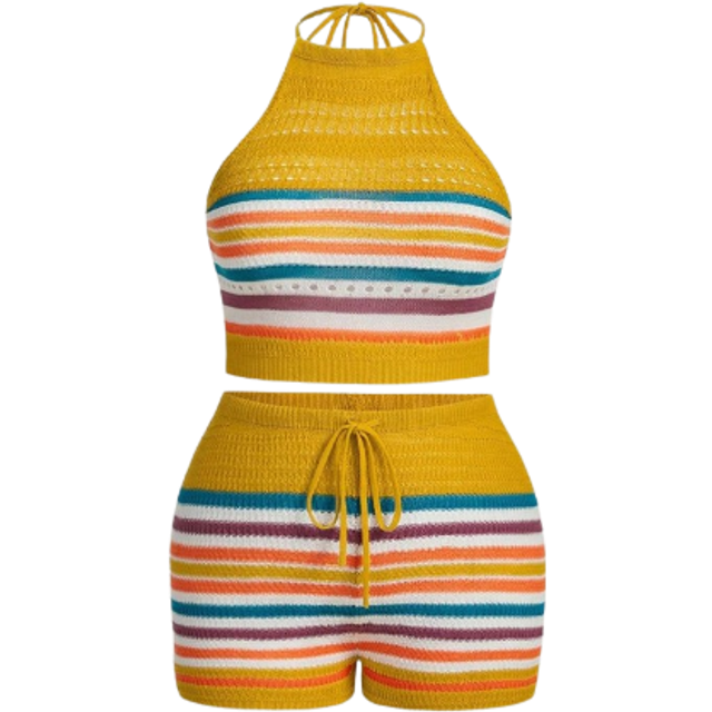Slaydiva Plus Size Women Holiday Leisure Slim Fit Sleeveless Top & Rainbow Striped Shorts Knitted Set, For Pride Month, Summer