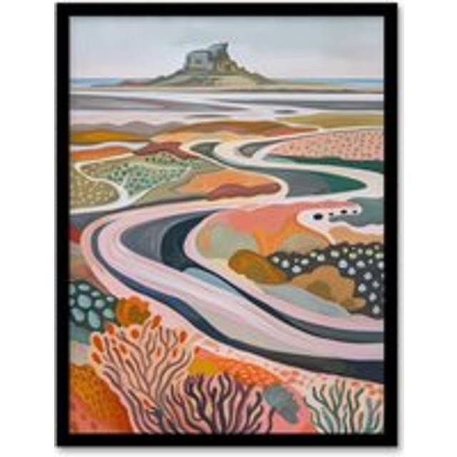 Holy Island Landscape Lindisfarne Castle Painting Framed Art Print - Multi - A4