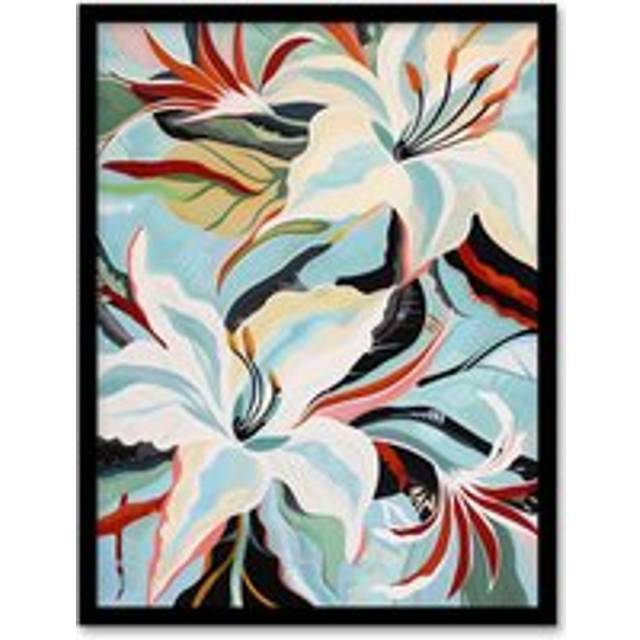 Oriental Lily Flower Bouquet Abstract Floral Framed Art Print - Blue - A4