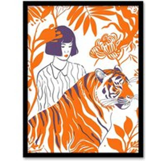 Wall Art Print Tiger Lady Jungle Flowers Orange Simple Bright Art Framed Poster - Black - A4