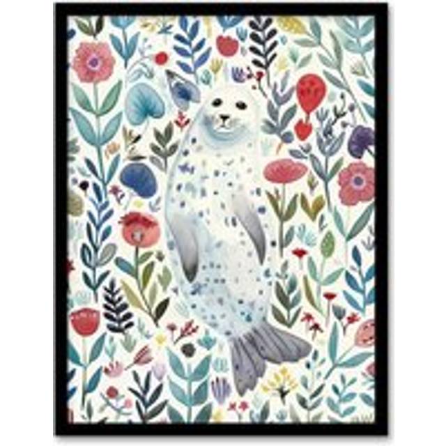Cute Seal Swimming in Wildflowers Bright Floral Framed Wall Art - Multi - A4