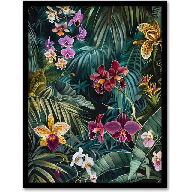 Exotic Orchids in Jungle Painting Wild Floral Framed Art Print - Green - A4