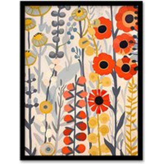 Red Yellow Wildflowers Painting Rustic Floral Framed Art Print - Multi - A4