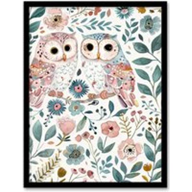 Cute Owl Couple Pastel Colour Floral Watercolour Framed Wall Art - Multi - A4