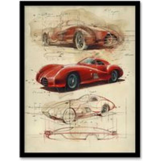 Wall Art Print Red Sports Car Design Sketch Drawing Art Framed Poster - Black - A4