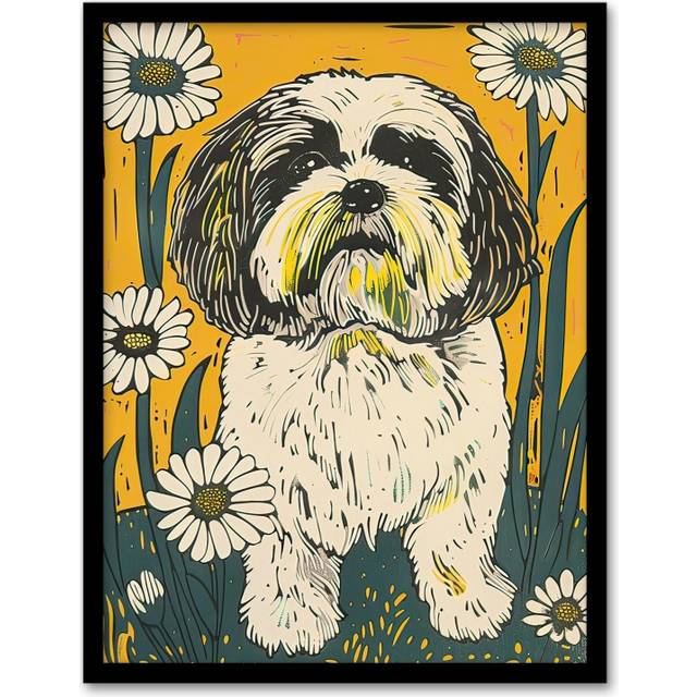 Dog Lover Shih Tzu Daisy Field Yellow Teal Floral Framed Wall Art - A4