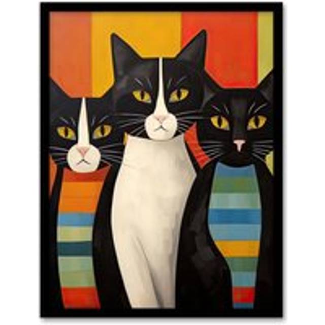Wall Art Print Cat Mafia Mob Portrait Orange Blue Green Whimsical Oil Painting Artwork Framed - Multi - A4