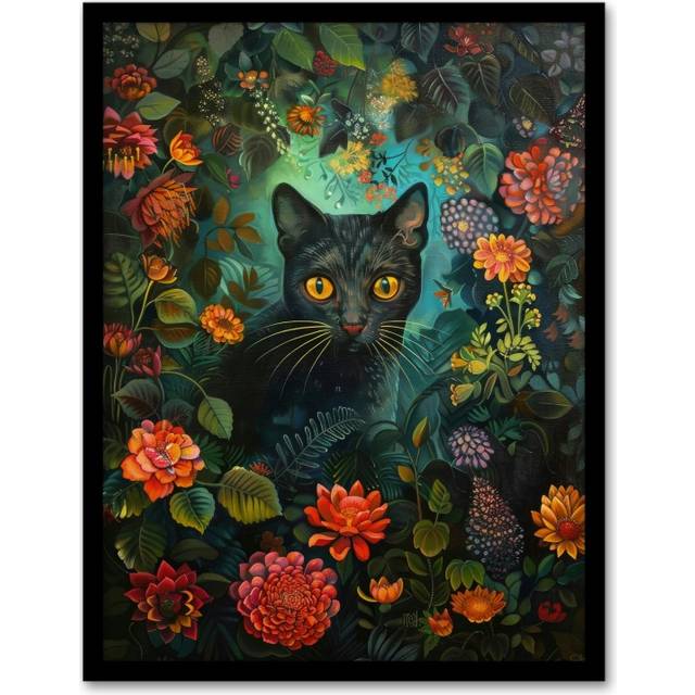 Wall Art Print Black Cat in Exotic Flower Garden Floral Portrait Art Framed Poster - A4