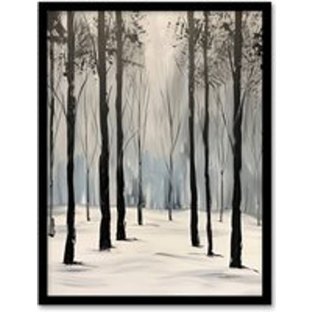 White Winter Morning Forest Oil Painting Serene Framed Art Print - Grey - A4