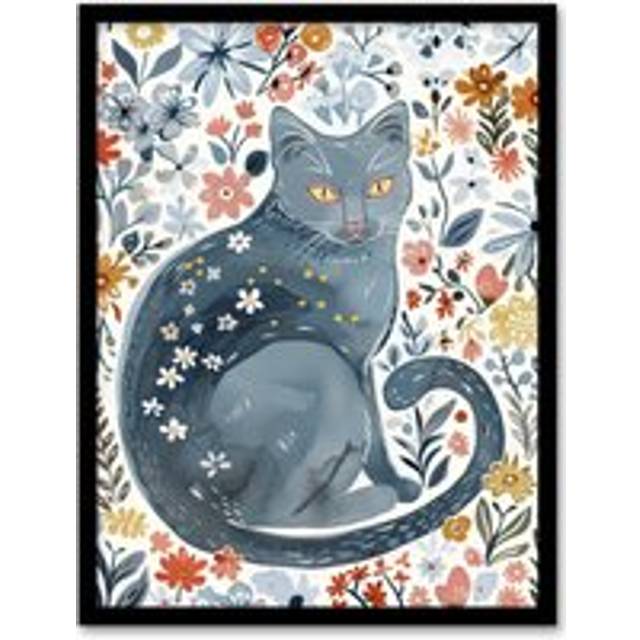 Cat Lover Russian Blue with Bright Wildflowers Framed Wall Art - A4