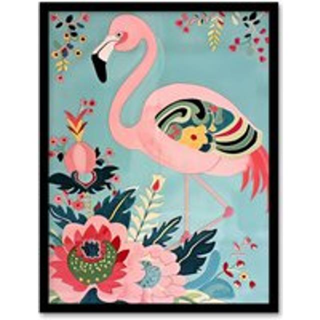 Flamingo Exotic Flowers Pattern Vintage Style Framed Art Print - Pink - A4
