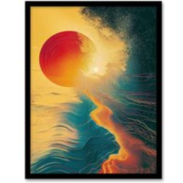 Wall Art Print Sunset Waves Surreal Seascape Abstract Painting Art Framed Poster - Black - A4
