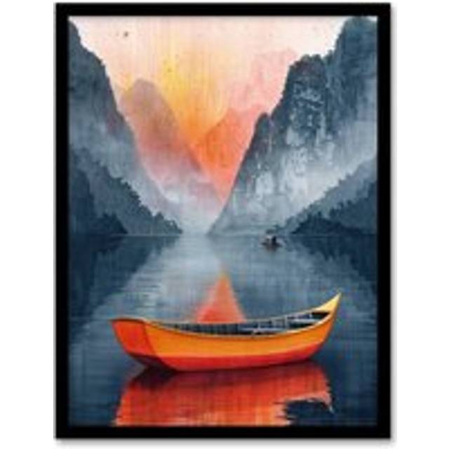 Wall Art Print Boat in Lake Serene Mountain Landscape Sunrise Art Framed Poster - Black - A4