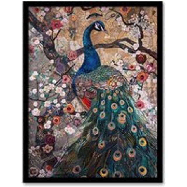 Mosaic Peacock in Flowers Tree Detailed Artwork Framed Art Print - Multi - A4
