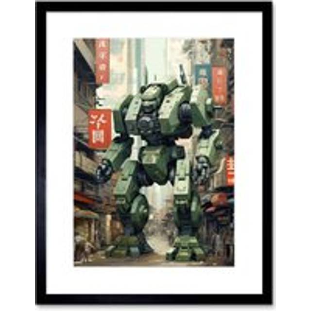 Wall Art Print Mecha Robot in City Street Anime Sci-Fi Artwork Red Green Giant Humanoid Machine Fantasy Science Fiction Artwork Framed 9X7 Inch - Blac - Black - W7 inch x H9 inch