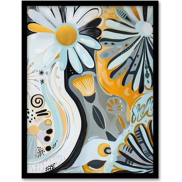 Abstract Daisy Wild Flowers Painting Pastels Gold Framed Art Print - Blue - A4