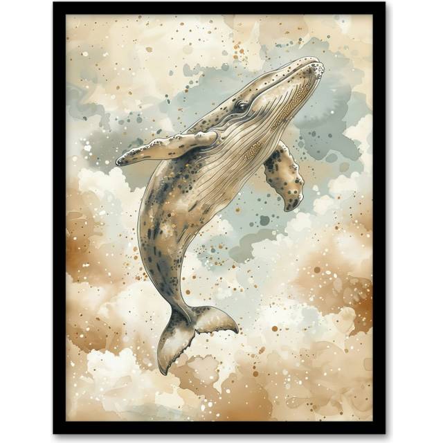 Wall Art Print Whale Cloud Jumping Swimming Blue Tan Watercolour Art Framed Poster - Black - A4