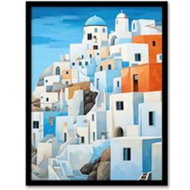 Santorini Greece Watercolour Painting Whitewashed Buildings Of Greek Island In Aegean Sea Art Print Framed Poster Wall Decor - Black - A4