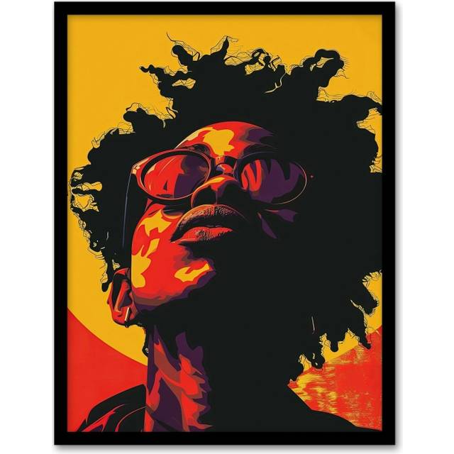 Wall Art Print Pop Art Man in Shades Afro Yellow Red Summer Art Framed Poster - Black - A4