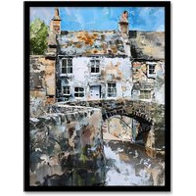 North Yorkshire Village Medieval Bridge Painting Framed Art Print - Grey - A4