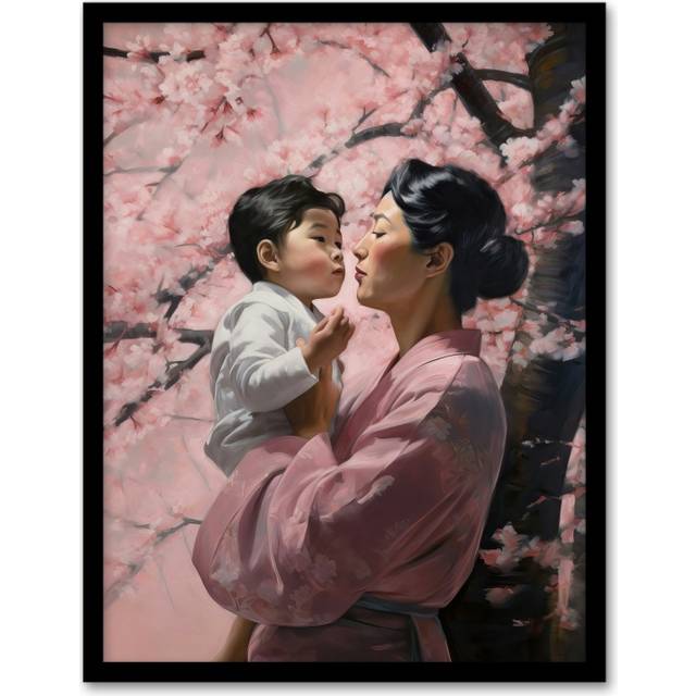 Wall Art Print Madame Butterfly Opera Mother And Son Under Cherry Blossom Tree Under Pink Flower Blooms Art Framed - A4