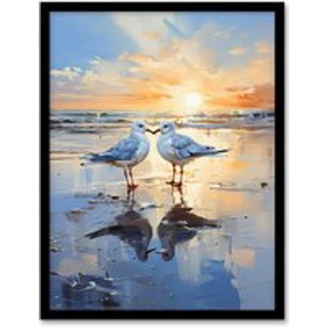 Wall Art Print Seagull Bird Couple Beach Sunset Painting Coastal Landscape Framed Art - Blue - A4