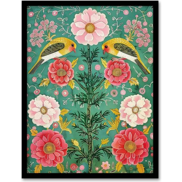 Wall Art Print Birds on Flower Vintage Green Pink Floral Pattern Art Framed Poster - Black - A4