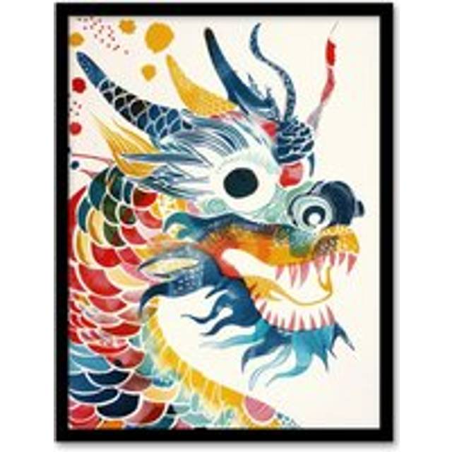 Wall Art Print Colourful Chinese Dragon Design Art Framed Poster - Black - A4