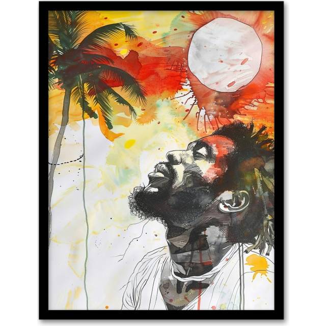 Jamaican Man Portrait Sunset Palm Tree Rastafari Framed Art Print - Red - A4