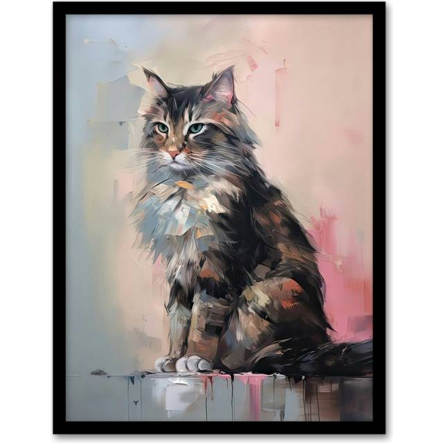 Wall Art Print Norwegian Forest Cat Perched on Wall Oil Painting Grey Pink Brown Elegant Pet Portrait Artwork Framed - A4