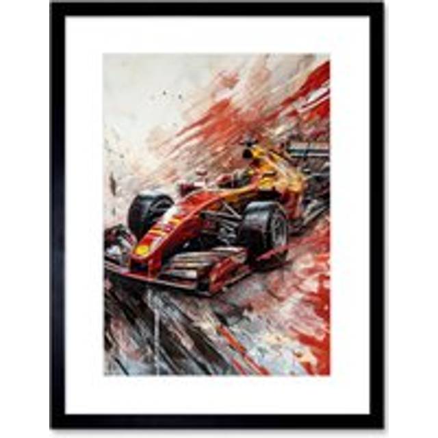 Wall Art Print Grand Prix Red Race Car Action Shot Paint Splat Artwork Framed 9X7 Inch - Black - W7 inch x H9 inch