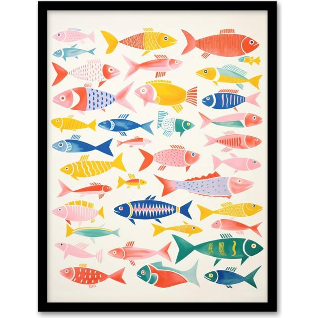 Wall Art Print Multicoloured Fish Screen By Sofia Francis Kitchen Food Risograph Art Framed - Black - A4