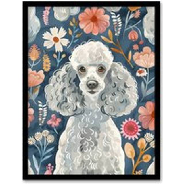 Cute Poodle Floral Portrait Blue Pink Dog Lover Framed Wall Art - A4