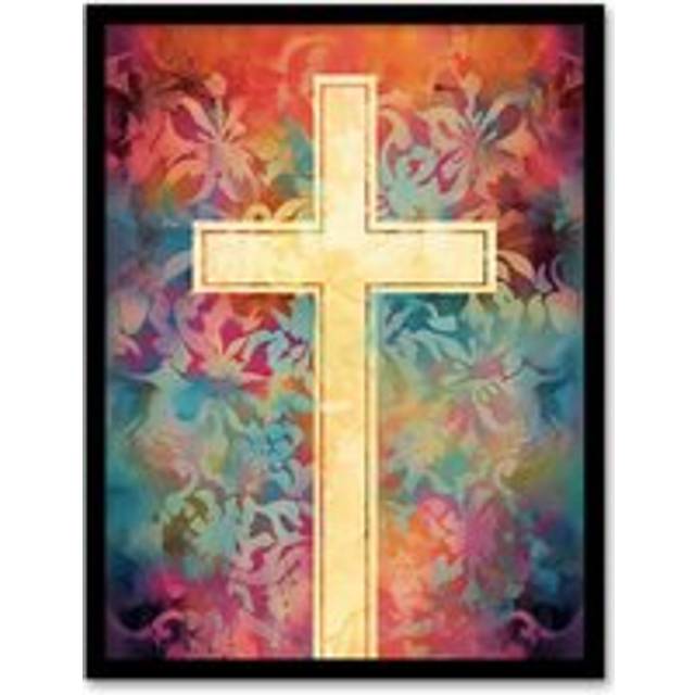 Wall Art Print Heavenly Tapestry Blue Orange Purple Flower Patterns and Divine Cross Artwork Framed - Multi - A4